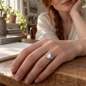 A freckled hand wears a white gold moonstone ring beside blank paper on a wooden desk.