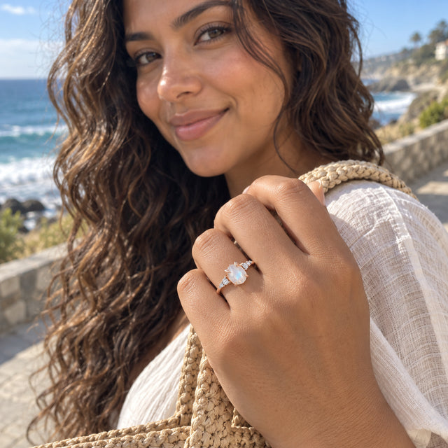 A rose gold moonstone ring is worn on a hand holding a woven bag strap beside the sea.