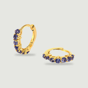 A pair of yellow gold-tone hoops displays a row of violet gemstones against a light gray background.