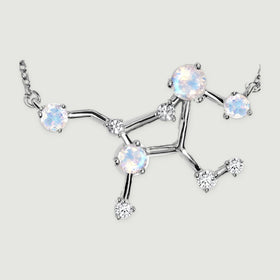 A close view shows the silver constellation centre with round iridescent stones, small clear stones and polished connecting bars.