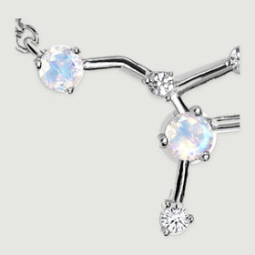 A magnified silver necklace detail shows two pale round stones, small clear stones and the lower polished branching arm.