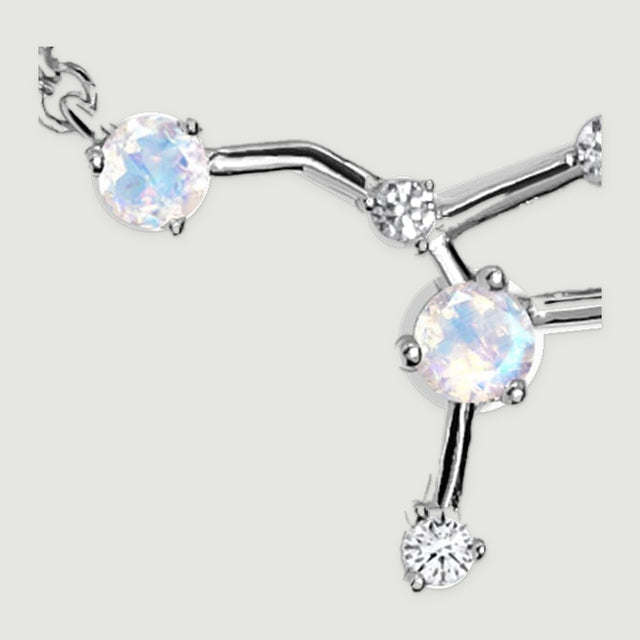 A magnified silver necklace detail shows two pale round stones, small clear stones and the lower polished branching arm.