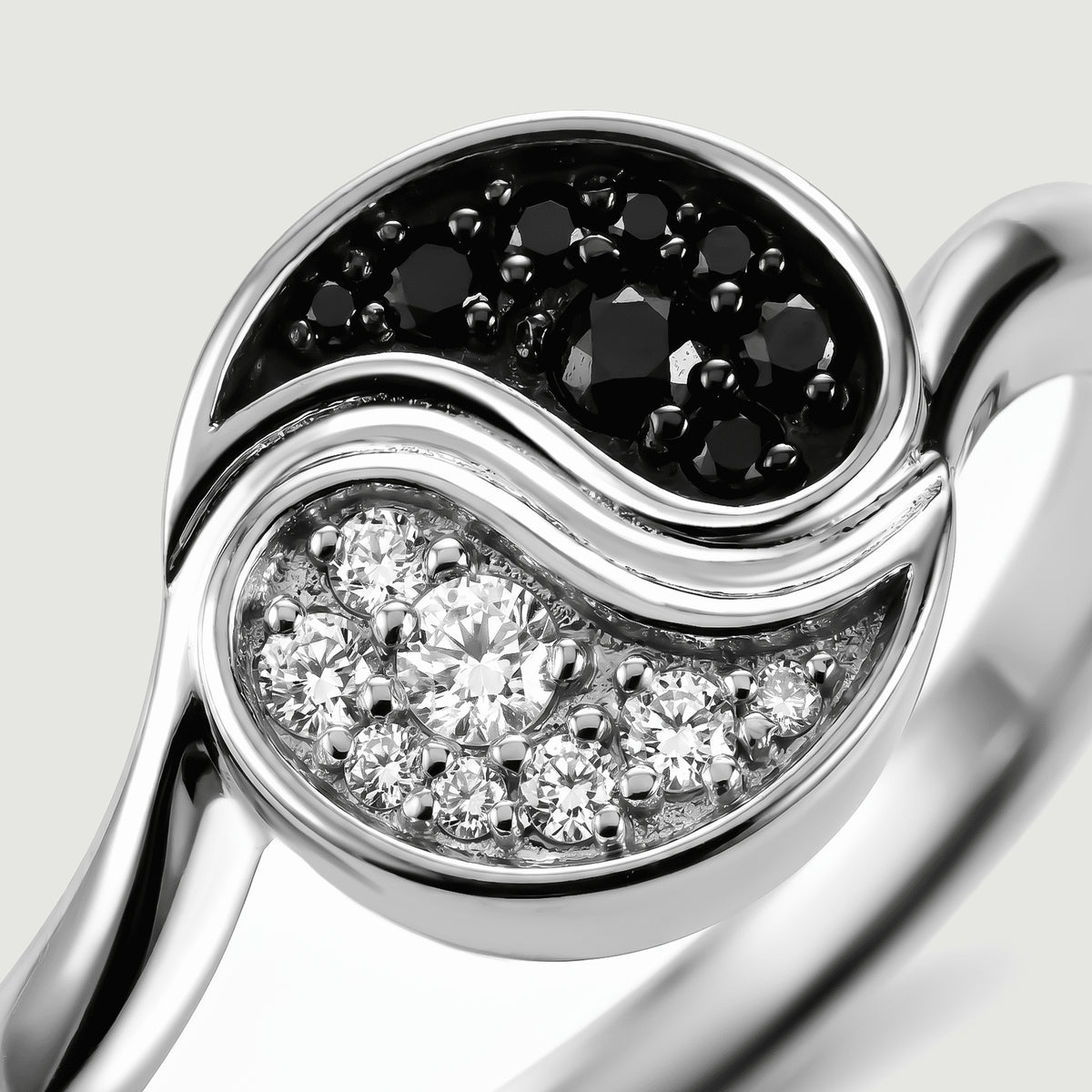 The silver toned curved divider separates clusters of black and clear stones in a close view.
