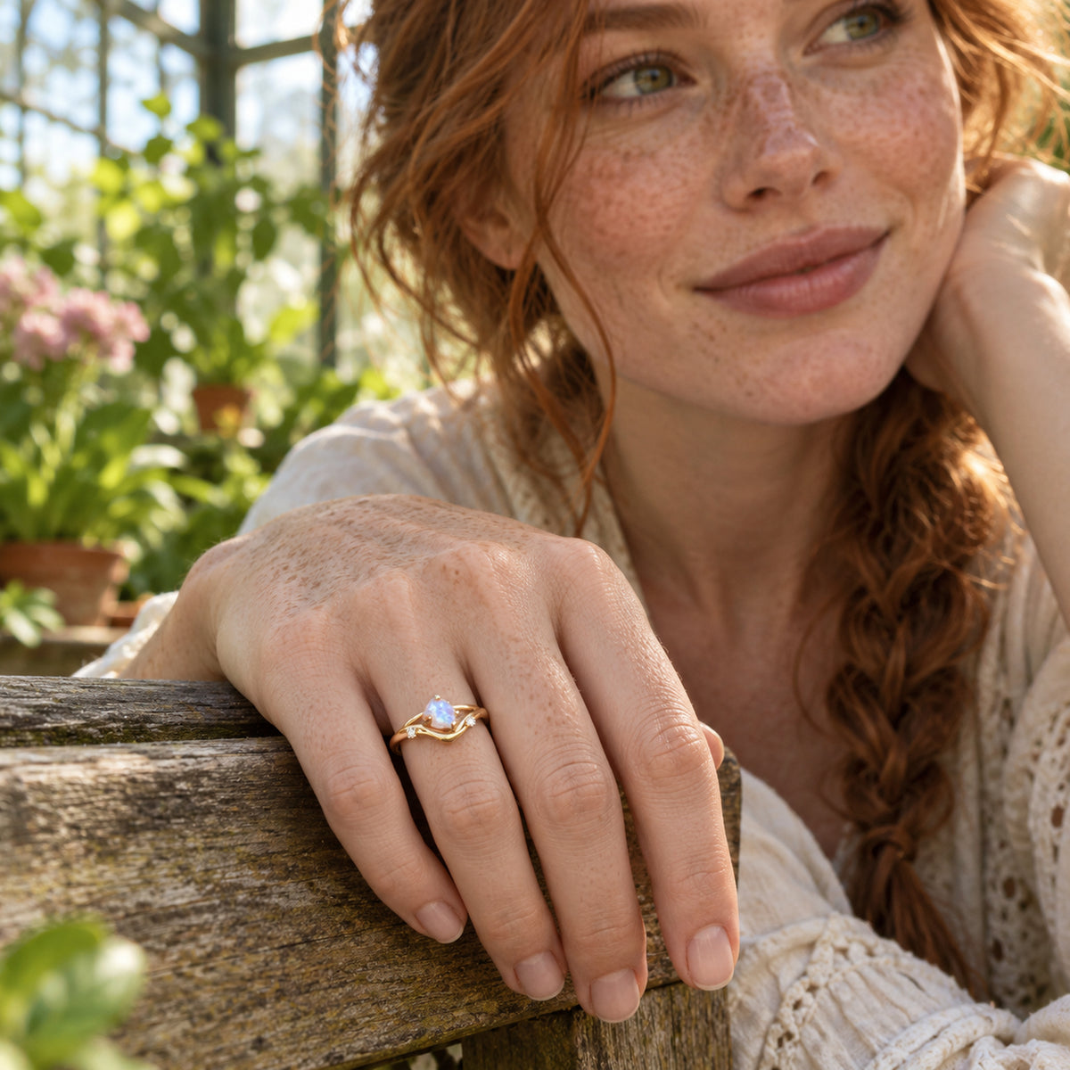 The yellow gold vermeil moonstone ring is worn on a freckled hand resting on a wooden bench among plants.