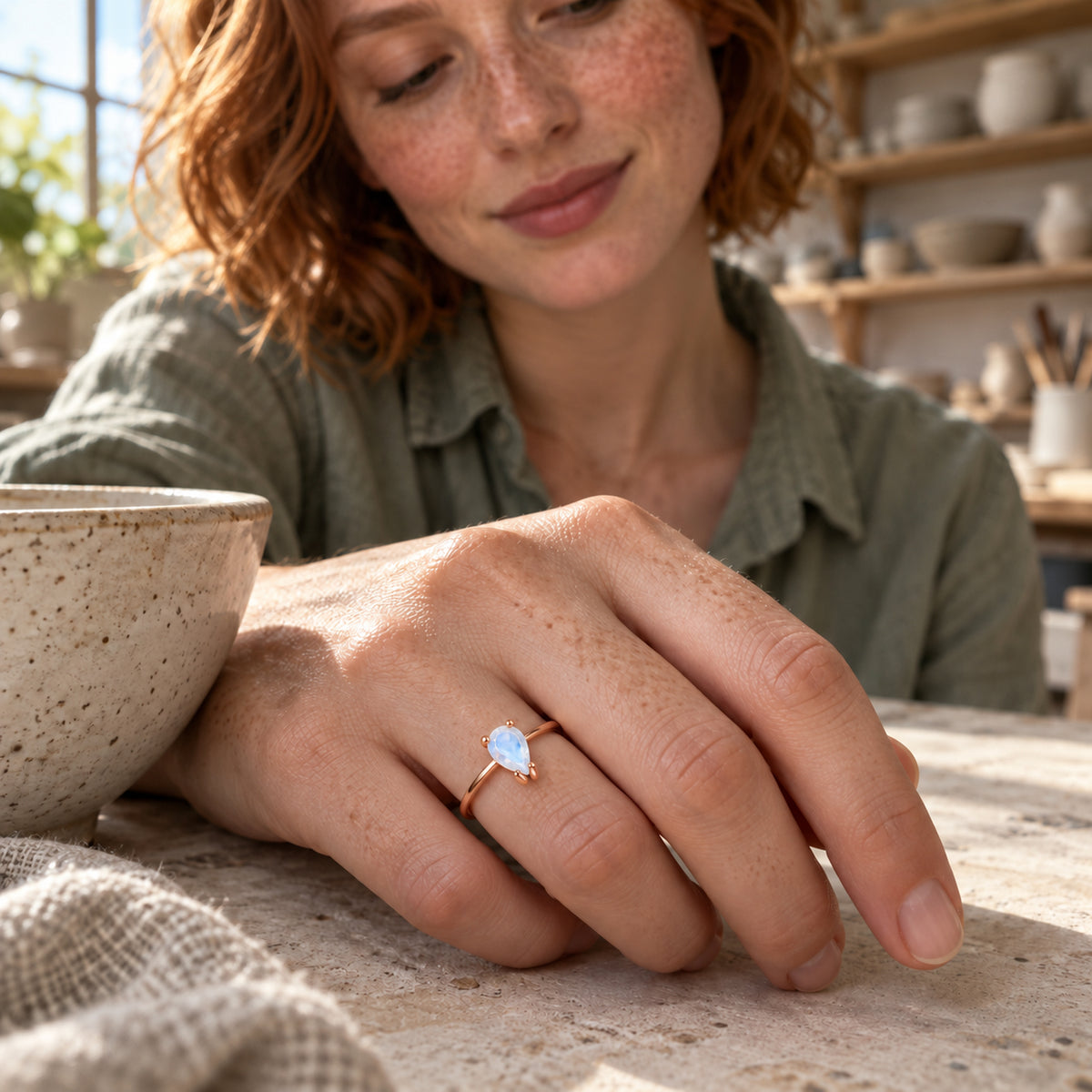 A freckled woman with red hair wears a rose gold moonstone ring while resting her hand beside a bowl in a pottery workshop.