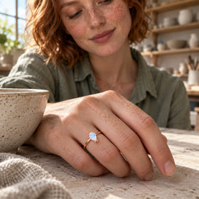 A freckled woman with red hair wears a rose gold moonstone ring while resting her hand beside a bowl in a pottery workshop.