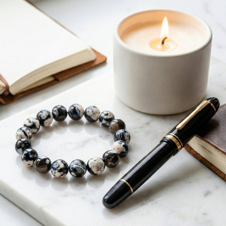 Natural Black and White Agate Beaded Bracelet - Handcrafted Stone Jewelry for Men and Women