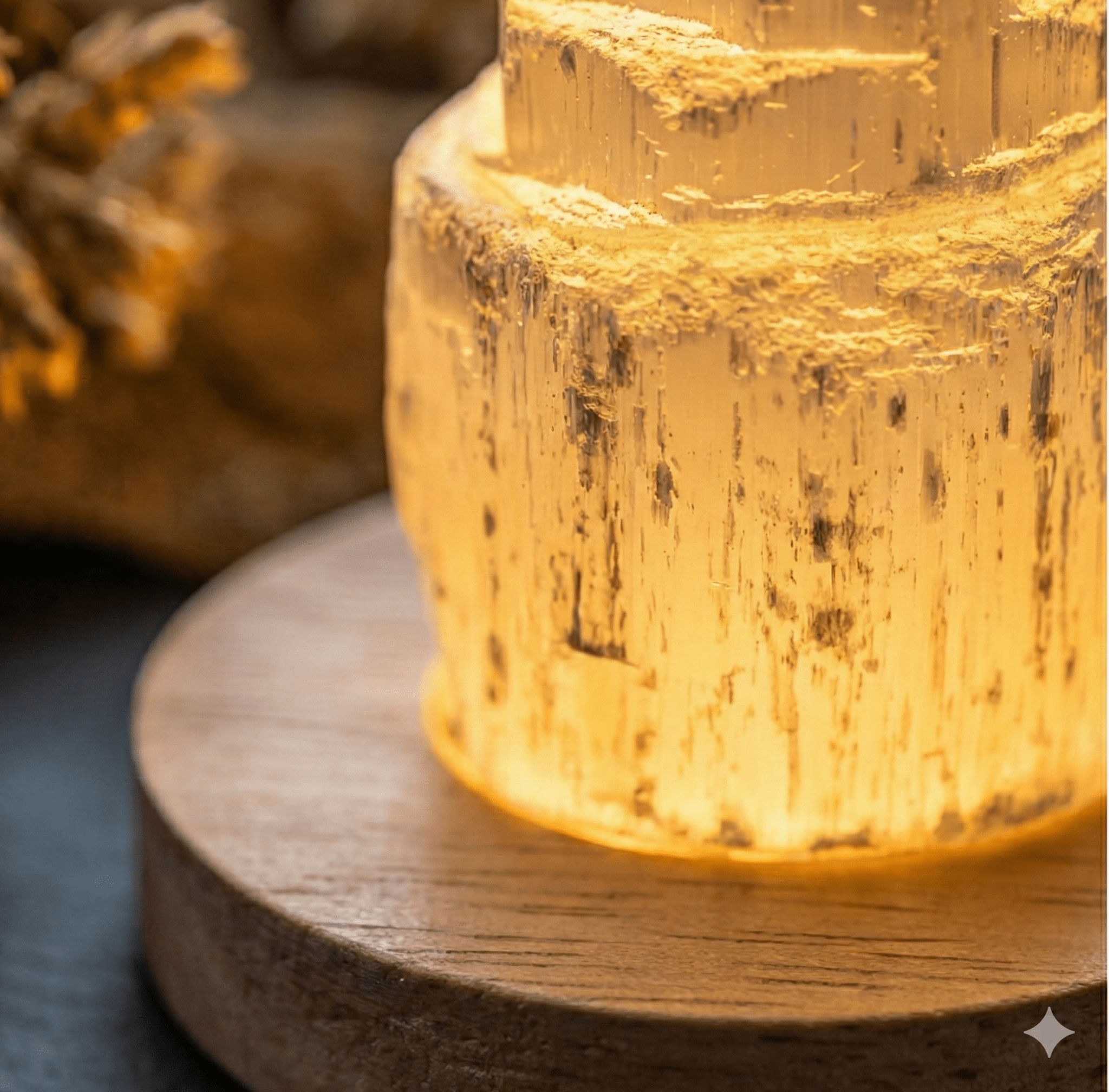Natural Selenite Tower Lamp with Warm Glow & Wooden Base - ModernEnergyLab.com
