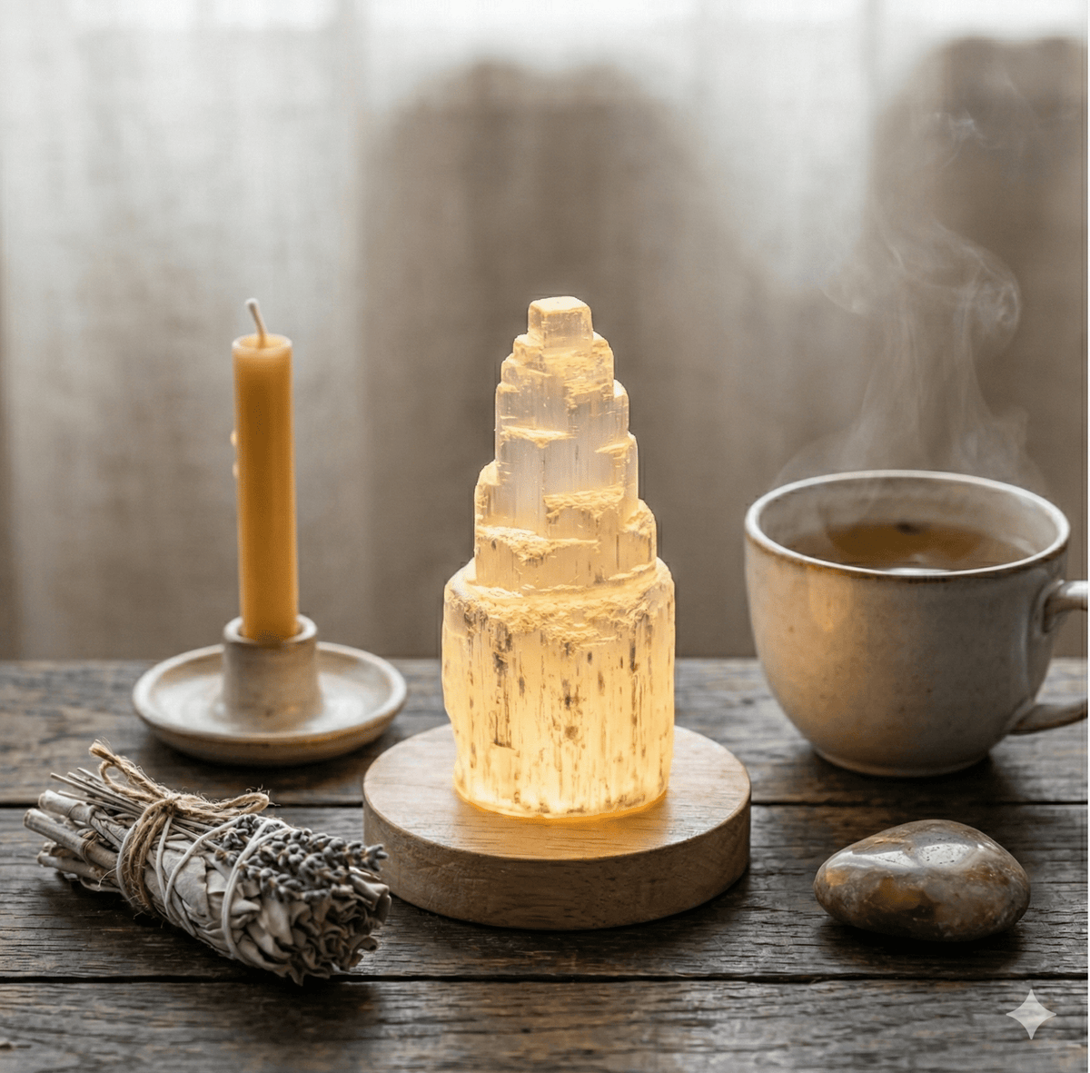 Natural Selenite Tower Lamp with Warm Glow & Wooden Base