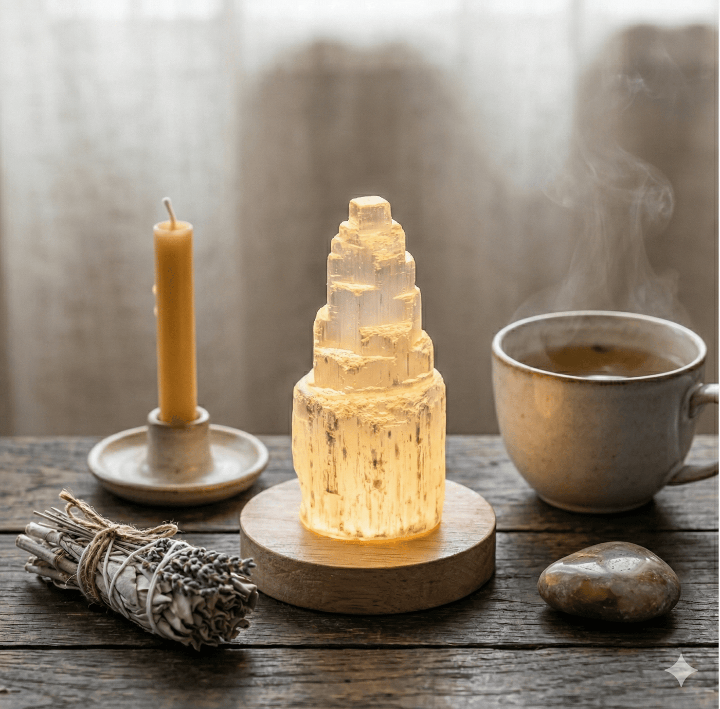 Natural Selenite Tower Lamp with Warm Glow & Wooden Base - ModernEnergyLab.com