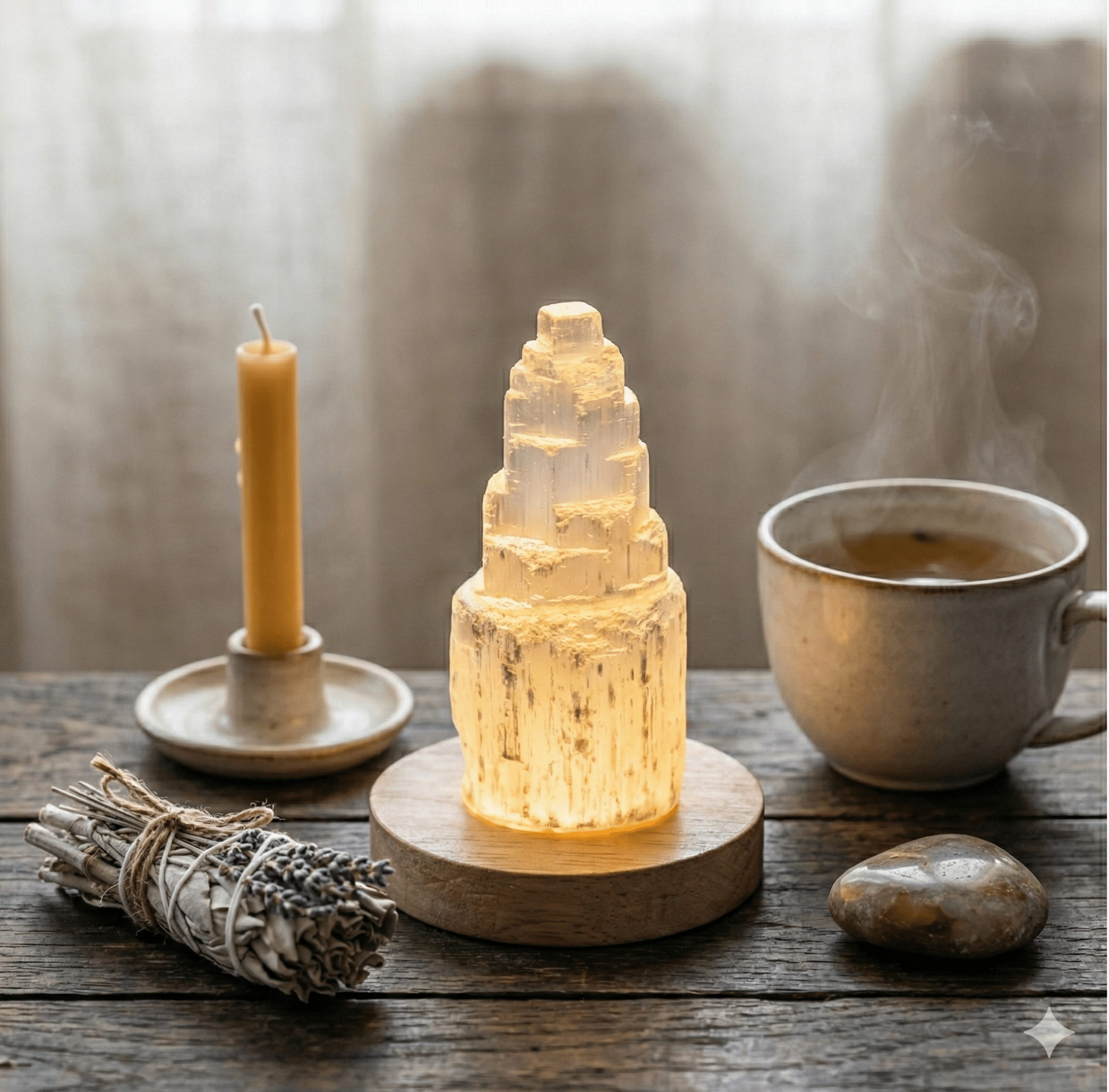 Natural Selenite Tower Lamp with Warm Glow & Wooden Base - ModernEnergyLab.com