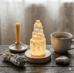 Natural Selenite Tower Lamp with Warm Glow & Wooden Base - ModernEnergyLab.com
