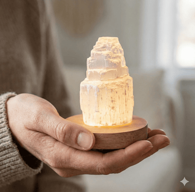Natural Selenite Tower Lamp with Warm Glow & Wooden Base - ModernEnergyLab.com