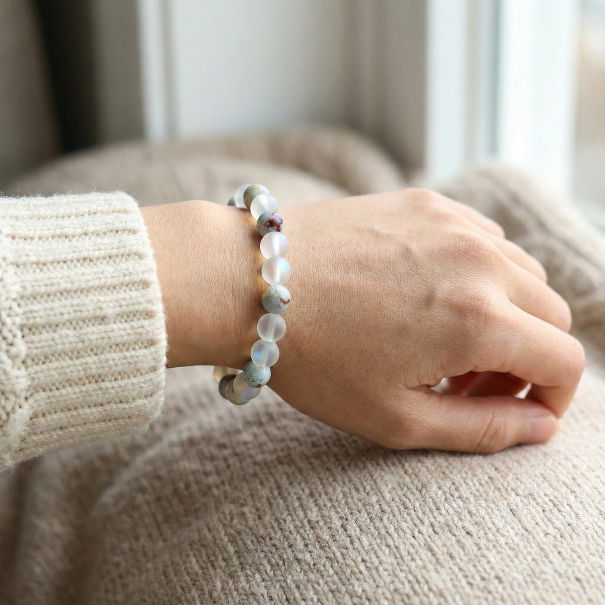 "New Beginnings" Aurora Glass & Sea Sediment Jasper Healing Bracelet – For Abundance, Clarity, and Realizing Potential