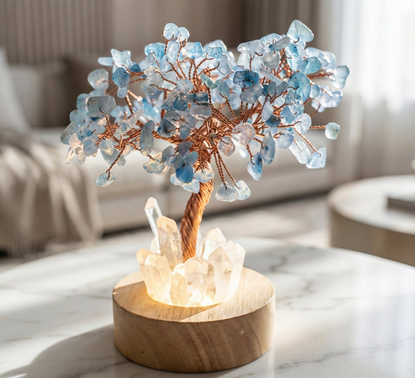 Serene Glow: Aquamarine 'Tree of Life' Crystal Lamp on Illuminated Quartz Base - ModernEnergyLab.com