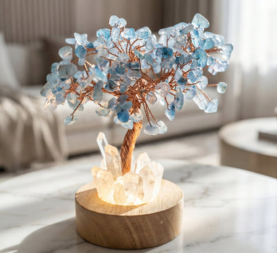 Serene Glow: Aquamarine 'Tree of Life' Crystal Lamp on Illuminated Quartz Base - ModernEnergyLab.com