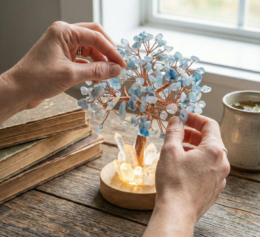 Serene Glow: Aquamarine 'Tree of Life' Crystal Lamp on Illuminated Quartz Base