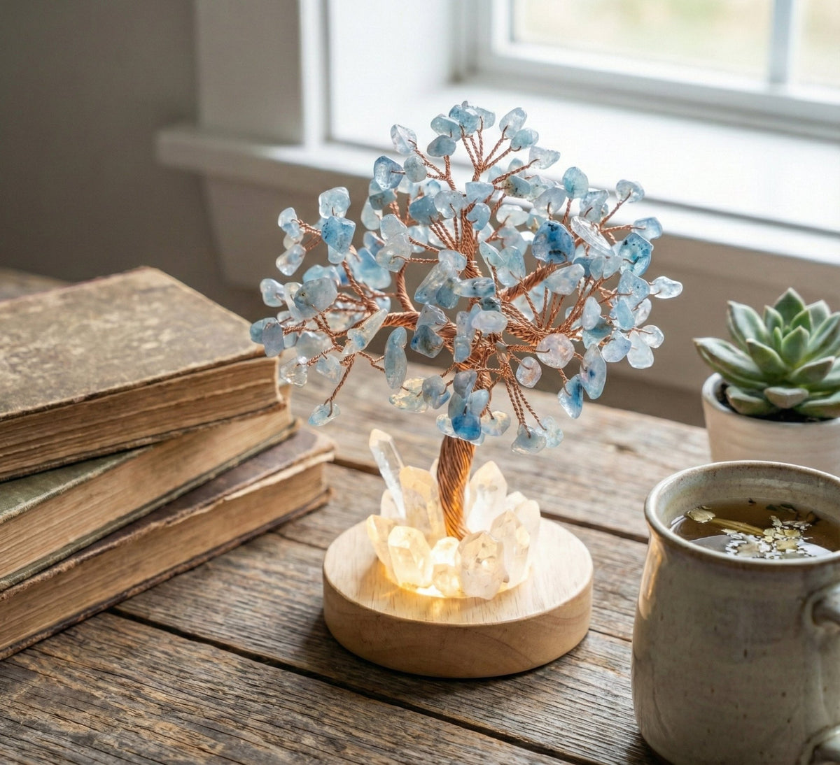 Serene Glow: Aquamarine 'Tree of Life' Crystal Lamp on Illuminated Quartz Base