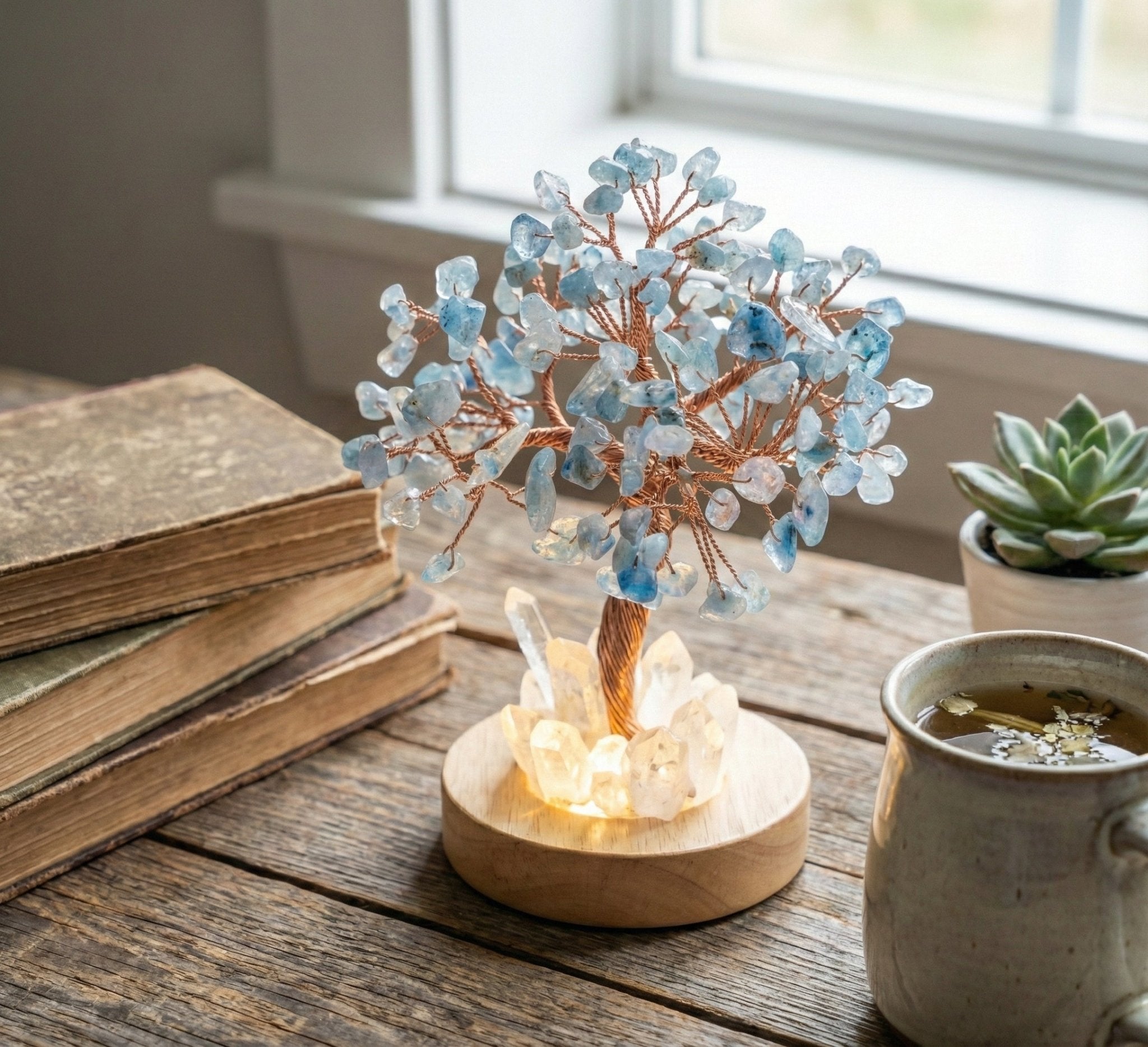 Serene Glow: Aquamarine 'Tree of Life' Crystal Lamp on Illuminated Quartz Base - ModernEnergyLab.com