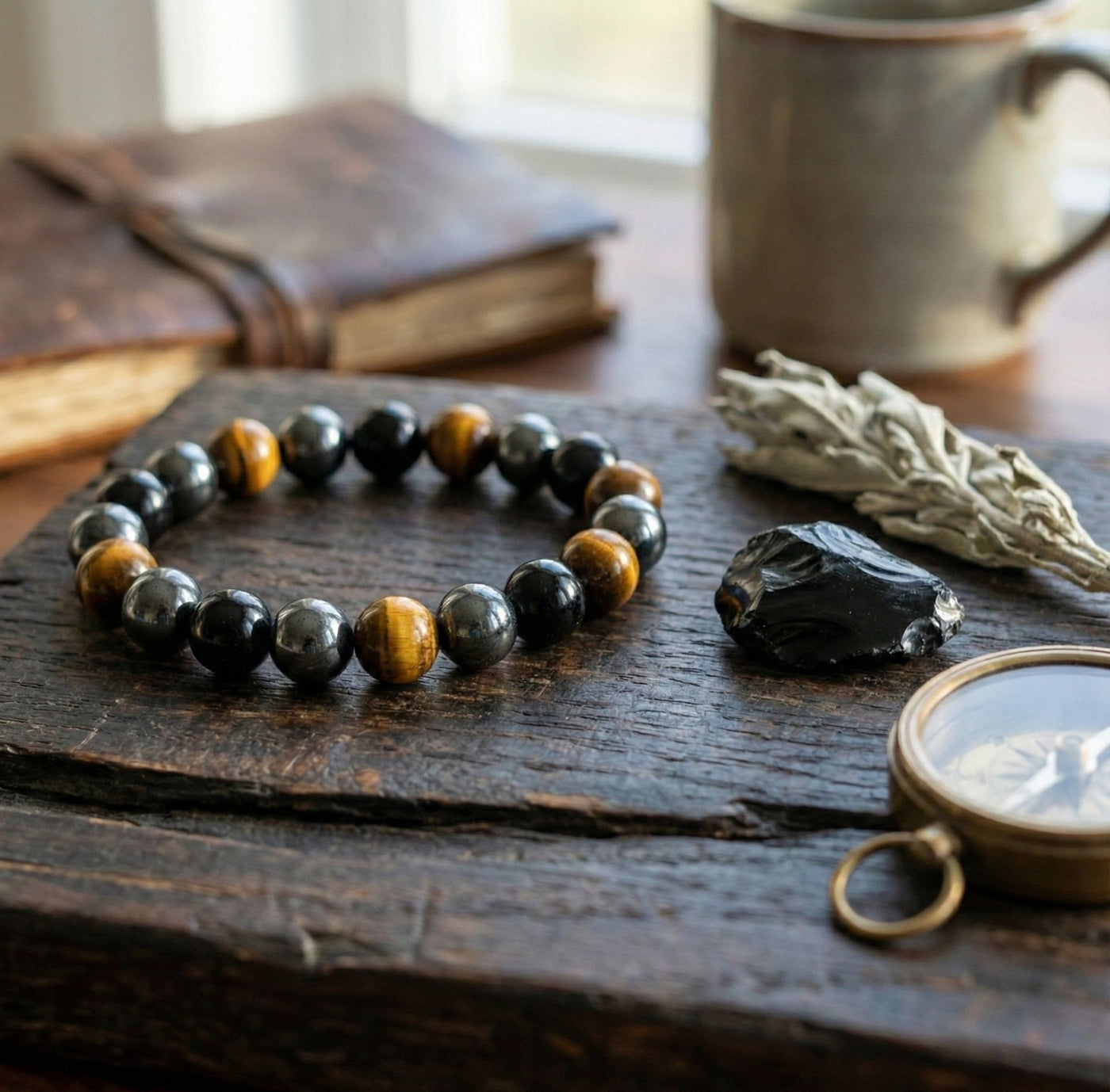 The Anchor & Shield: Tiger's Eye, Hematite & Onyx Grounding Bracele - ModernEnergyLab.com