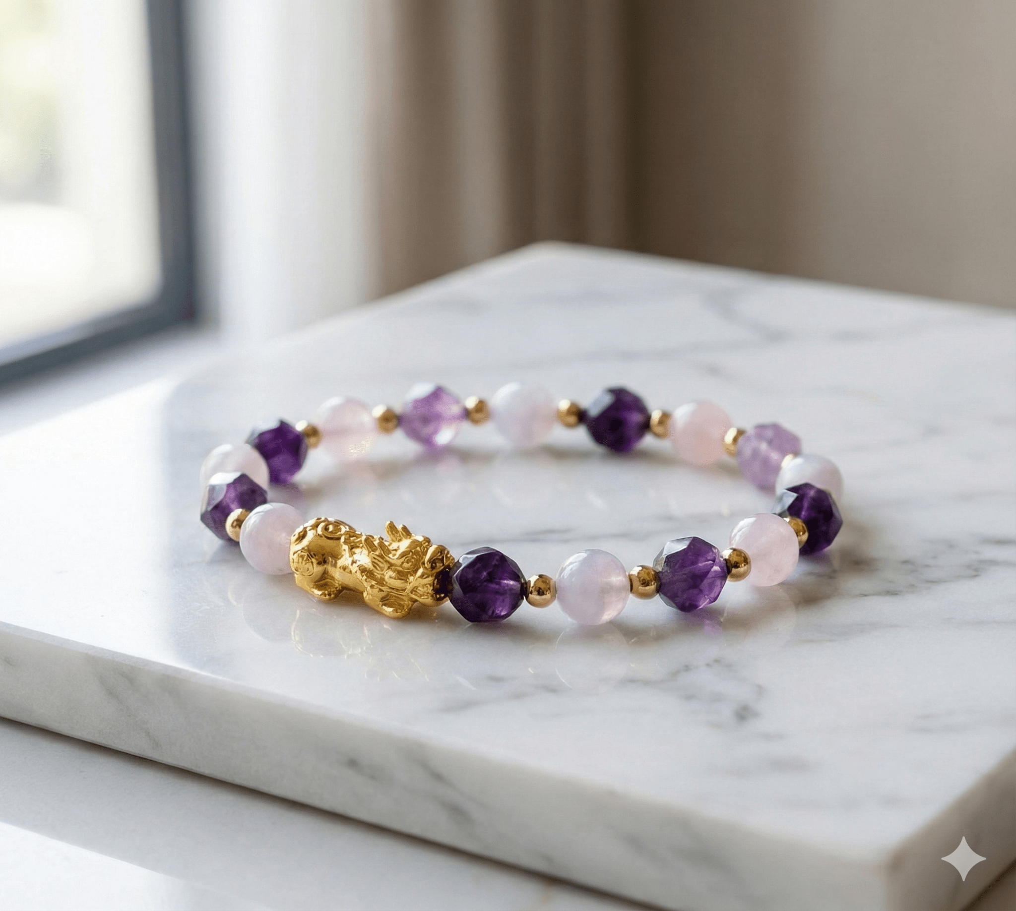 The Harmonious Abundance Pi Xiu Bracelet: Amethyst & Rose Quartz - ModernEnergyLab.com
