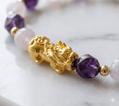The Harmonious Abundance Pi Xiu Bracelet: Amethyst & Rose Quartz - ModernEnergyLab.com