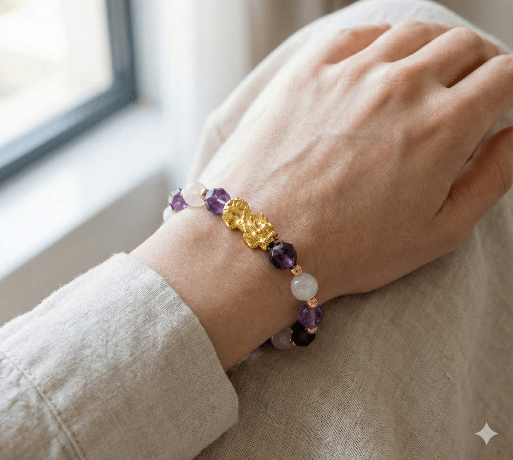 The Harmonious Abundance Pi Xiu Bracelet: Amethyst & Rose Quartz - ModernEnergyLab.com