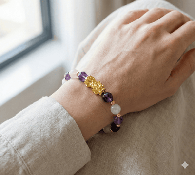 The Harmonious Abundance Pi Xiu Bracelet: Amethyst & Rose Quartz - ModernEnergyLab.com