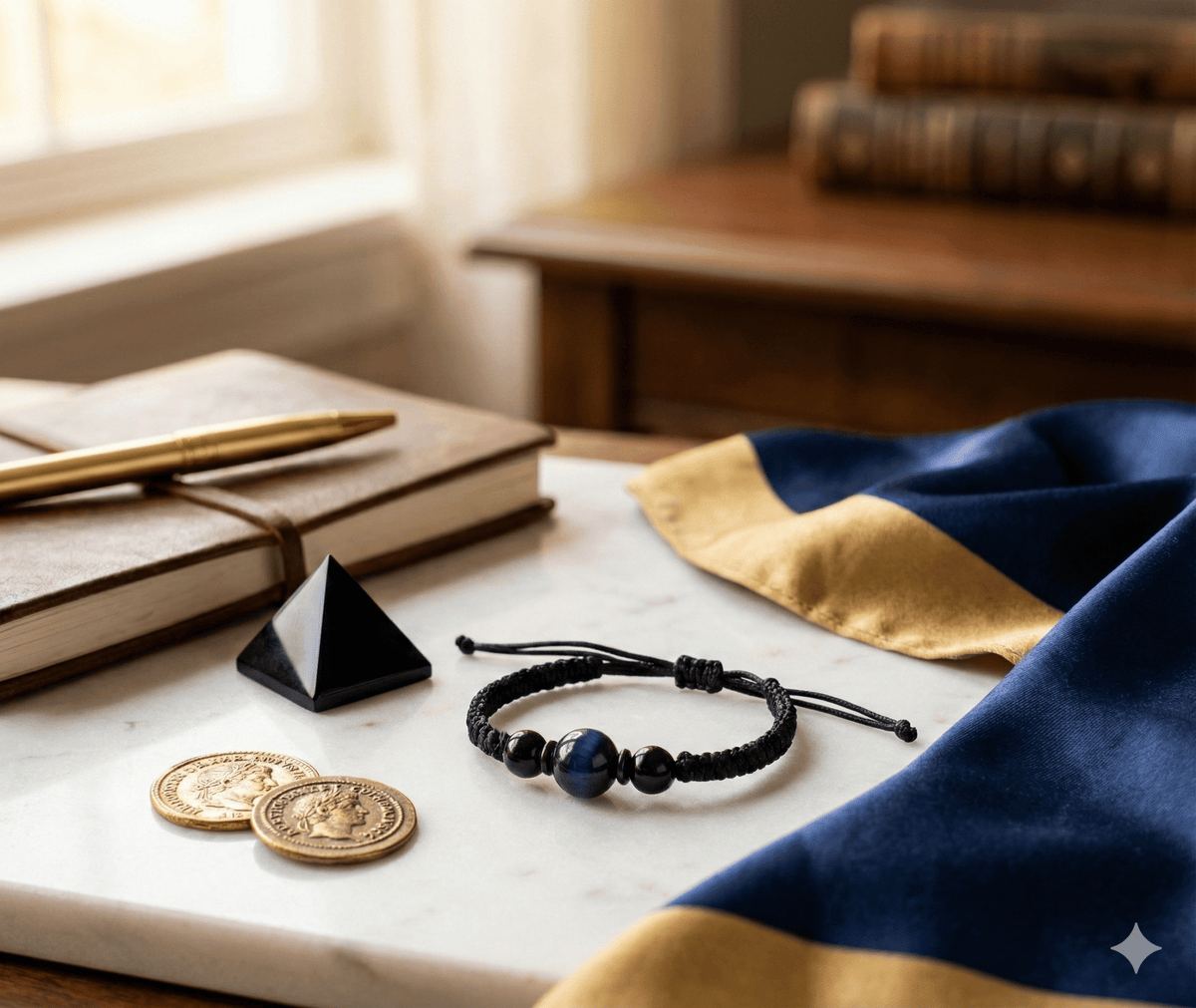 The "Midnight Focus" Anchor Bracelet | Blue Tiger Eye & Black Onyx Protection Shield