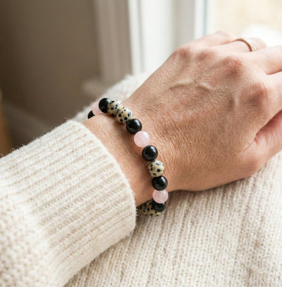 The "Past Release" Healing Trio Bracelet: Rose Quartz, Black Onyx & Dalmatian Jasper - ModernEnergyLab.com