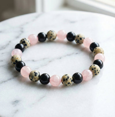The "Past Release" Healing Trio Bracelet: Rose Quartz, Black Onyx & Dalmatian Jasper - ModernEnergyLab.com