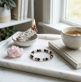 The "Past Release" Healing Trio Bracelet: Rose Quartz, Black Onyx & Dalmatian Jasper - ModernEnergyLab.com