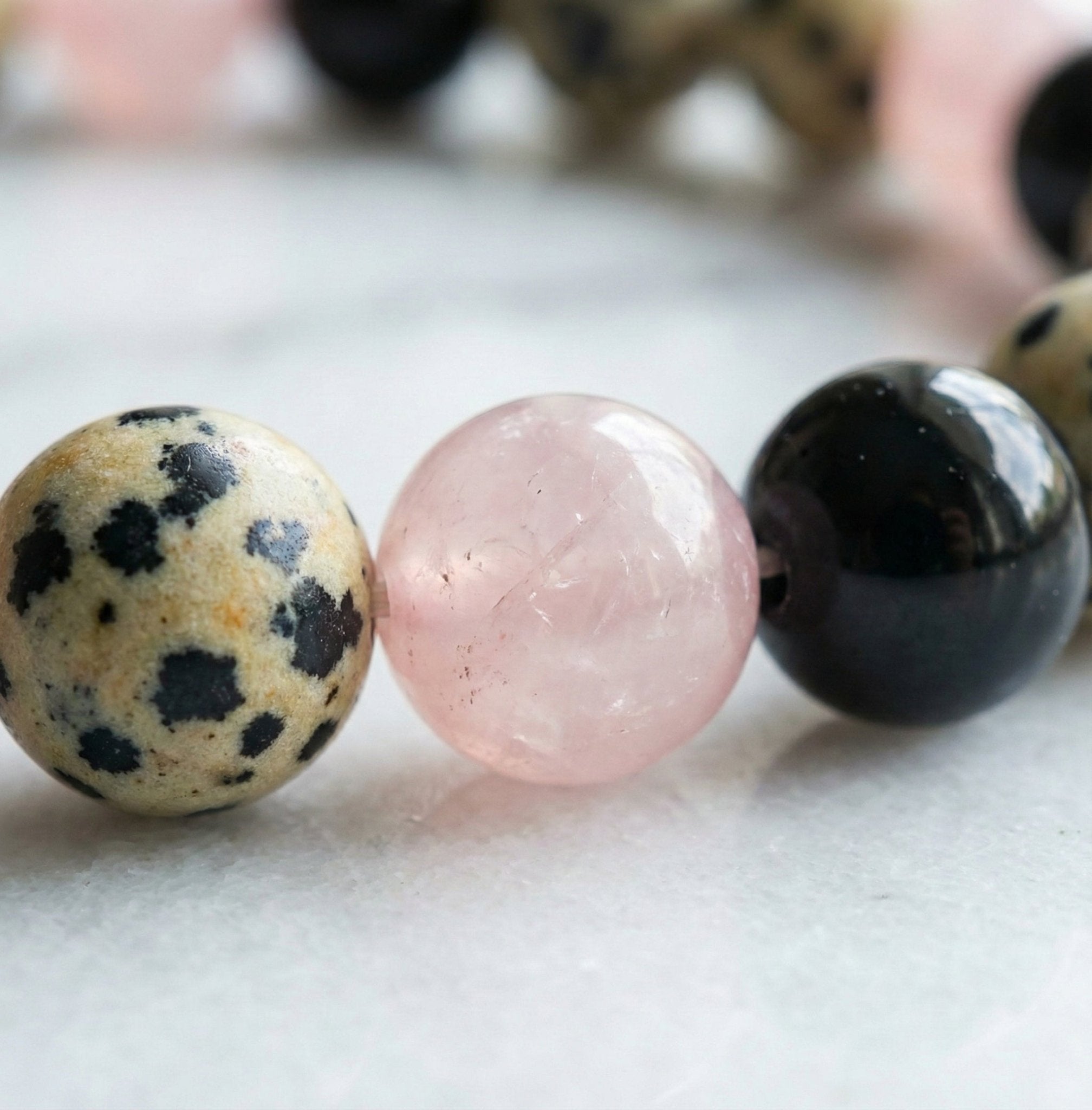 The "Past Release" Healing Trio Bracelet: Rose Quartz, Black Onyx & Dalmatian Jasper - ModernEnergyLab.com