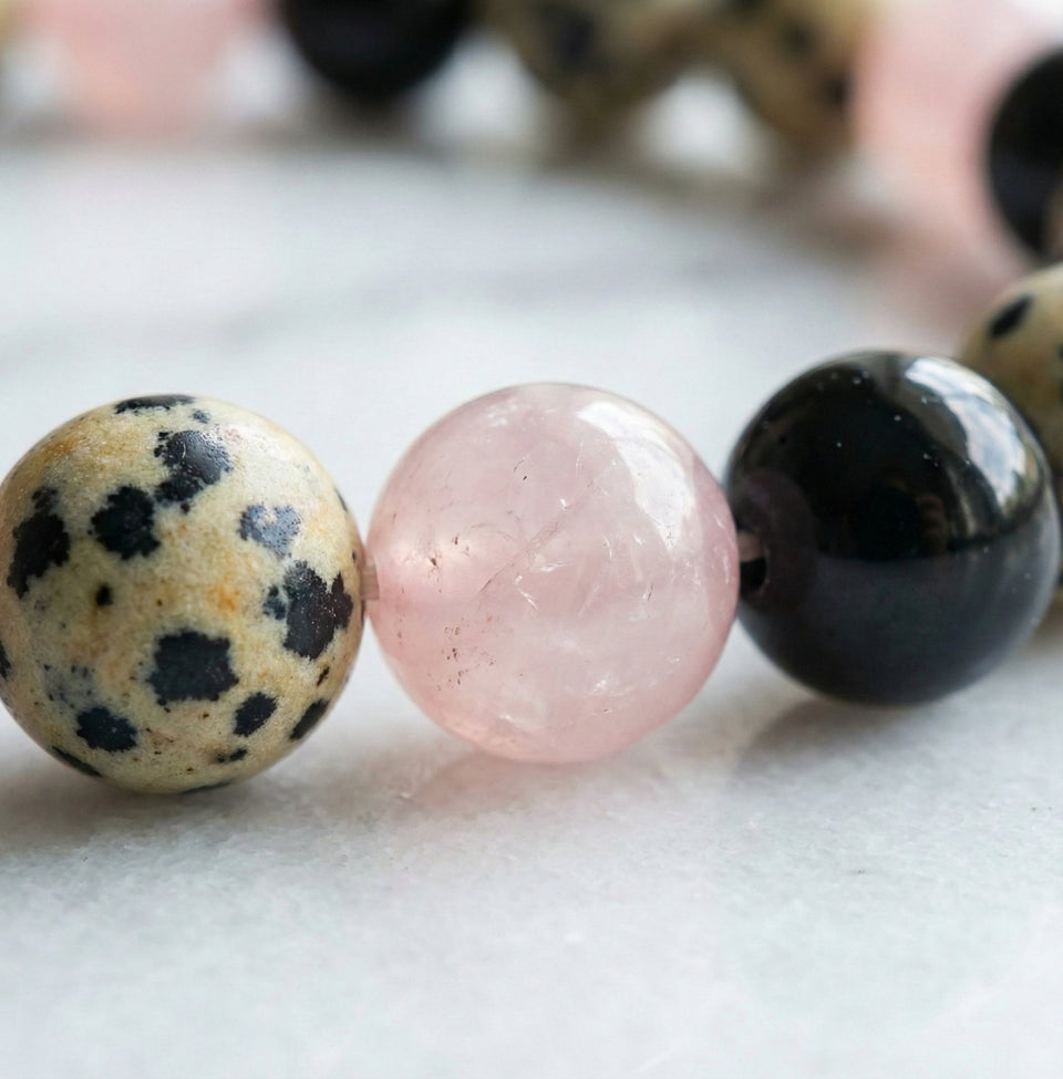 The "Past Release" Healing Trio Bracelet: Rose Quartz, Black Onyx & Dalmatian Jasper