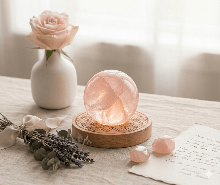 The Radiant Heart: Glowing Rose Quartz Sphere Lamp with 'Flower of Life' Base