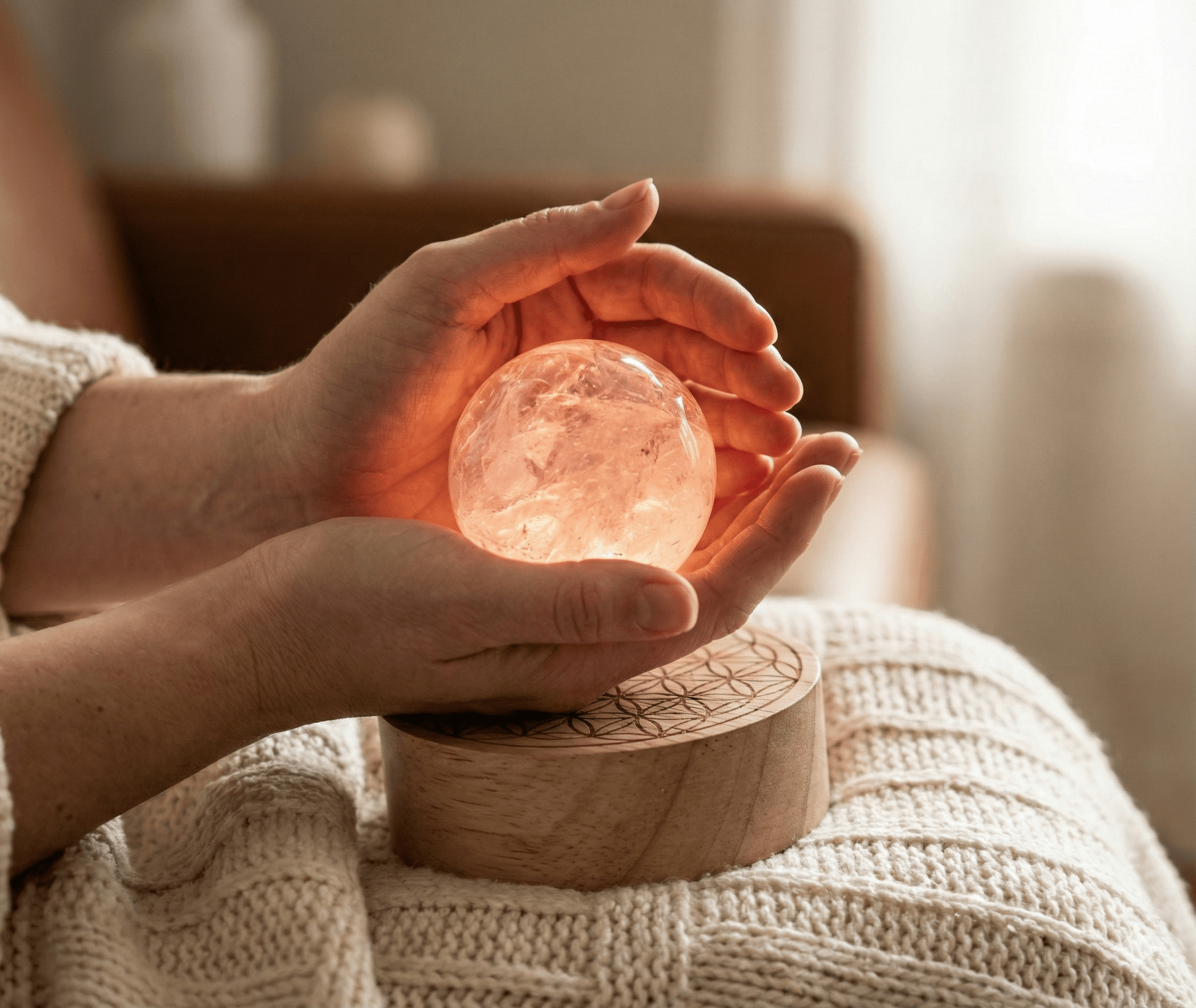 The Radiant Heart: Glowing Rose Quartz Sphere Lamp with 'Flower of Life' Base - ModernEnergyLab.com