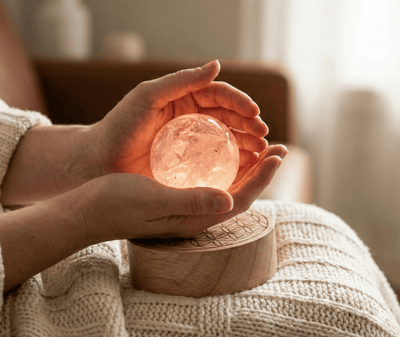 The Radiant Heart: Glowing Rose Quartz Sphere Lamp with 'Flower of Life' Base - ModernEnergyLab.com