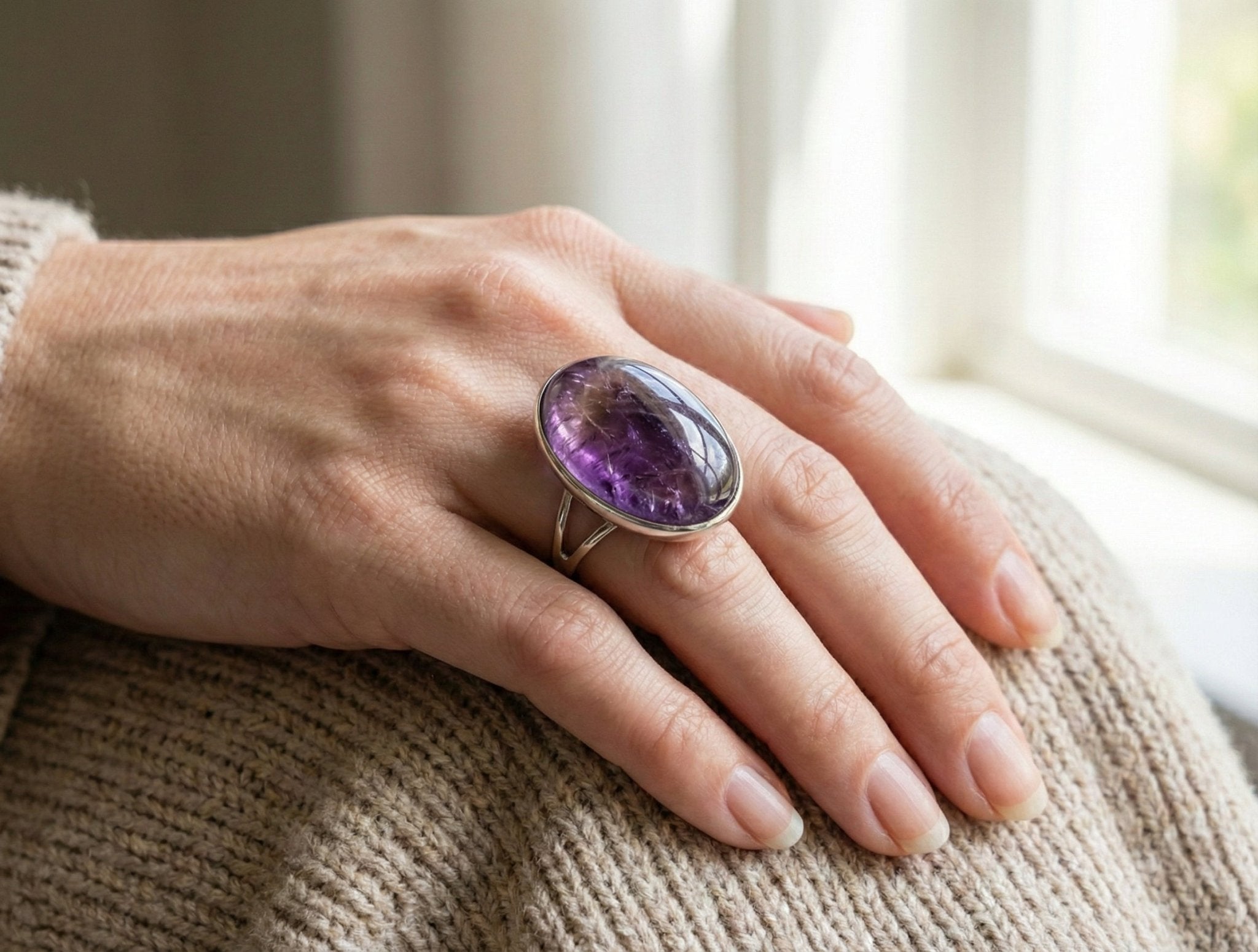 The 'Serene Focus' Ring: Genuine Oval Amethyst Cabochon in Sterling Silver - ModernEnergyLab.com