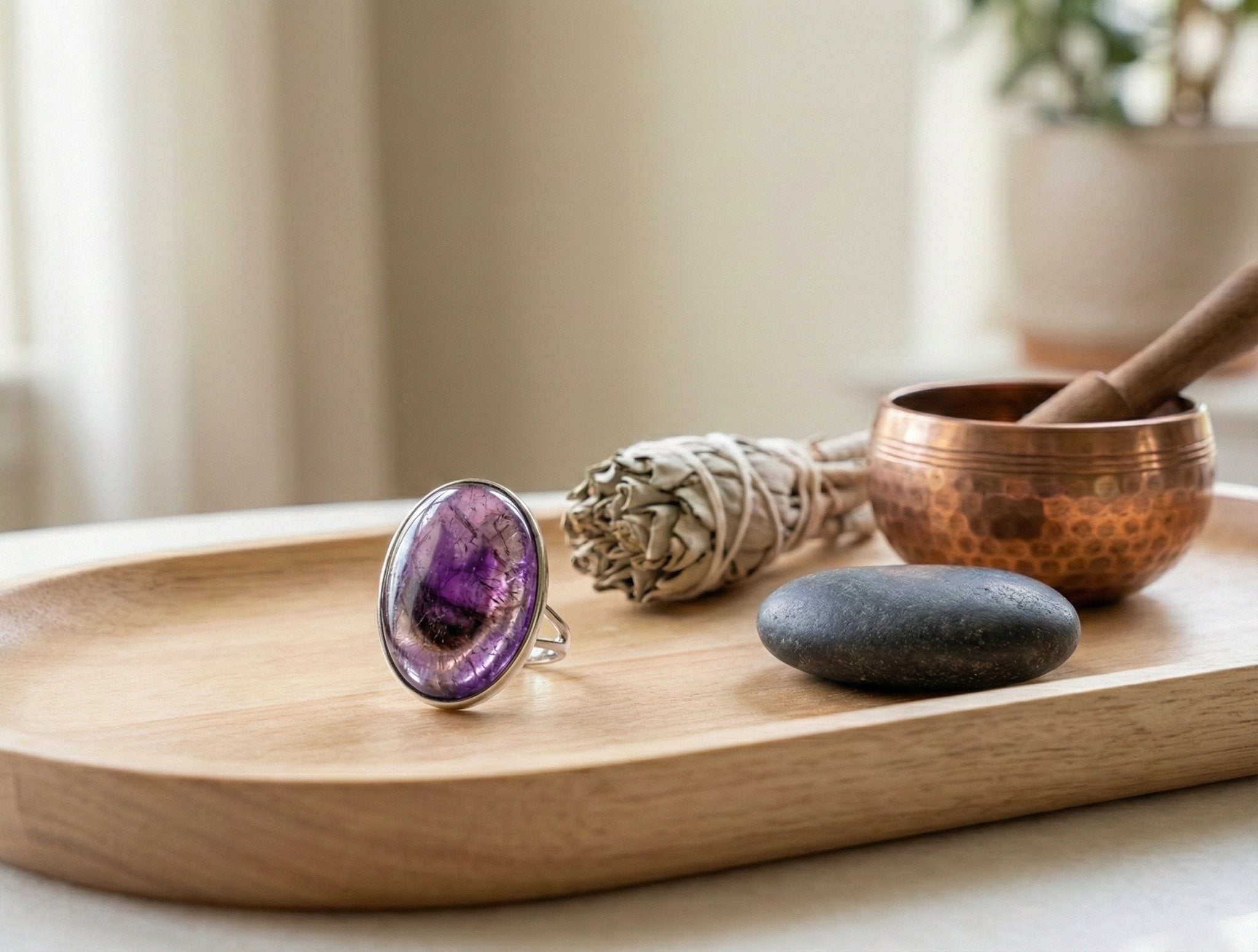 The 'Serene Focus' Ring: Genuine Oval Amethyst Cabochon in Sterling Silver - ModernEnergyLab.com
