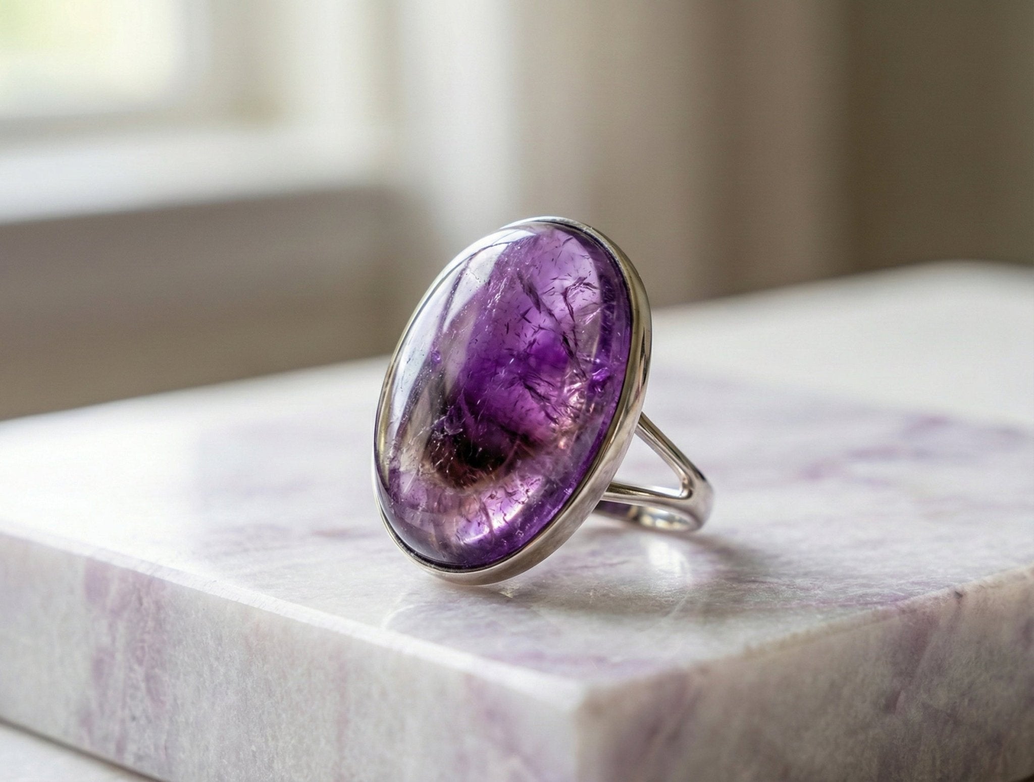 The 'Serene Focus' Ring: Genuine Oval Amethyst Cabochon in Sterling Silver - ModernEnergyLab.com