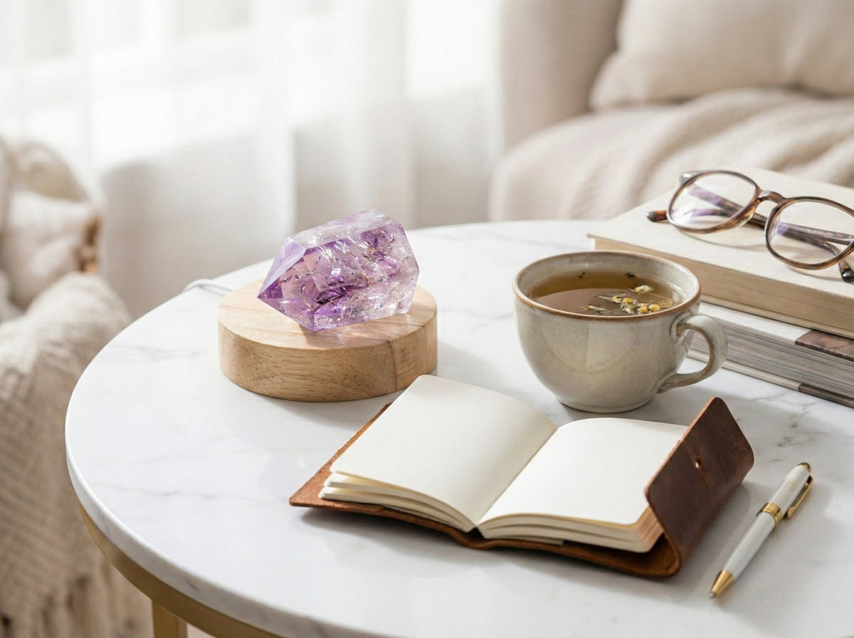 The Serenity Apex: Natural Amethyst & Wood Light